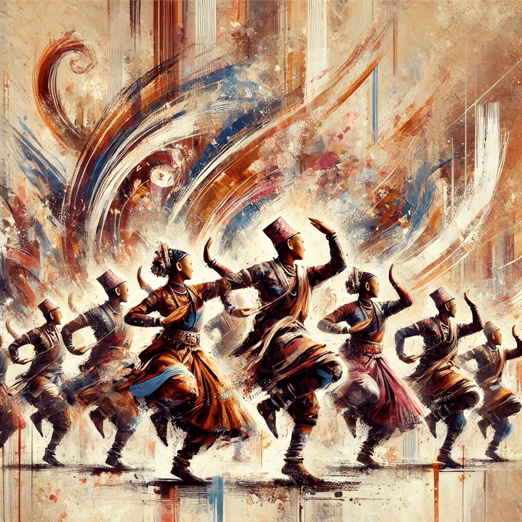 canvas panting of traditional dance performance by group of people